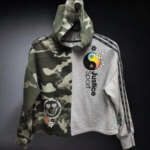 Justice Sport Girls XL Plus 16P-18P Hooded Sweatshirt Camouflage Gray Good Vibes